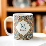 Mug Turquoise brun talavera bridesservatrices cadeaux<br><div class="desc">Turquoise Bleu et marron coloré vintage talavera mexicaine azulejo bridesservatrices cadeaux nom personnalisé monogrammed café tasse cadeaux pour elle</div>