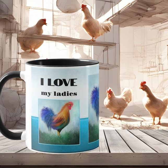 Mug Turquoise de coq drôle (Funny mug featuring a turquoise and light blue design with original paintings of a rooster.)