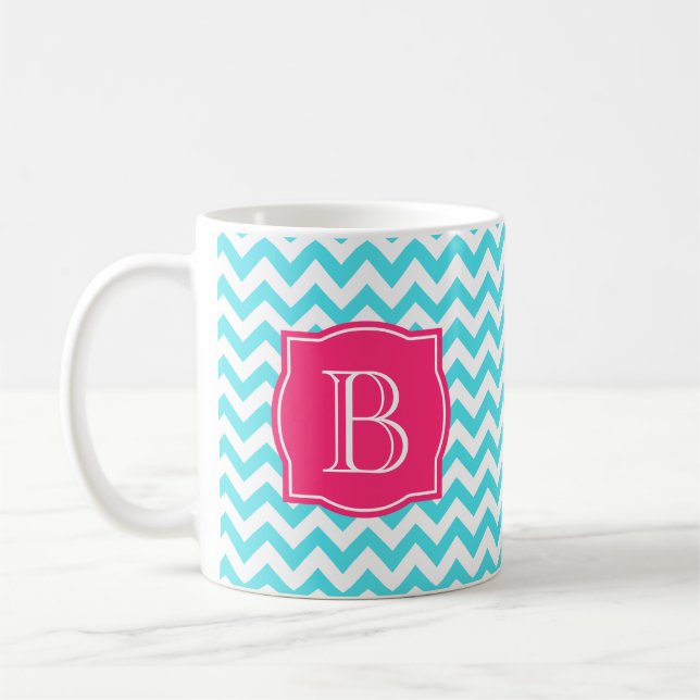 Mug Turquoise de zigzag et monogramme fait sur (Gauche)