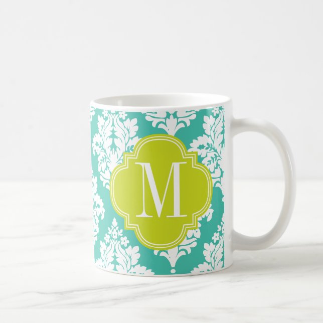 Mug Turquoise élégante de damassé et monogramme fait (Droite)
