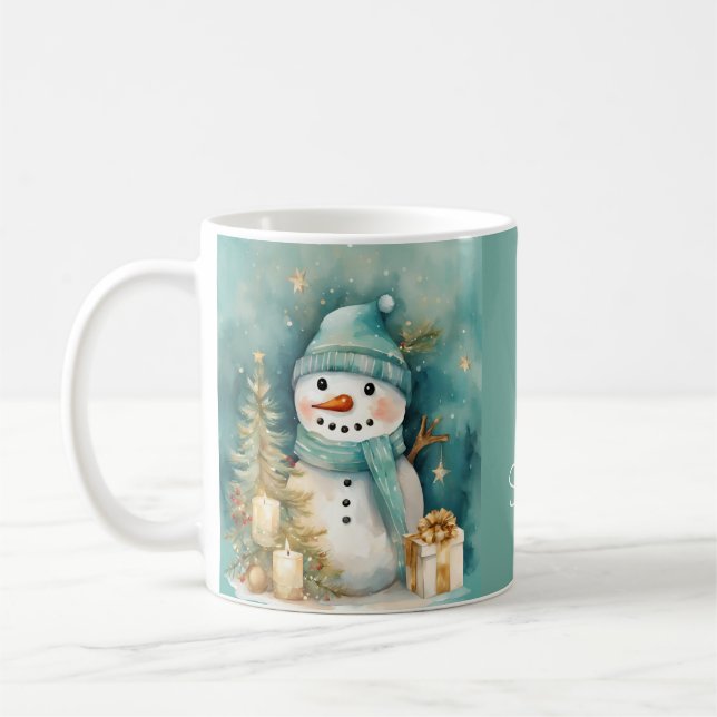 Mug Turquoise & Gold Snowman with Christmas Tree (Gauche)