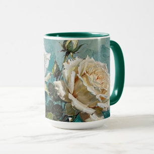 Mug Turquoise Green Cream Rose Floral Design