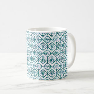 Mug Turquoise sur Motif ethnique blanc, Fleurs, Chevro