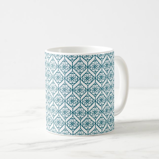 Mug Turquoise sur Motif ethnique blanc, Fleurs, Chevro (Devant droit)