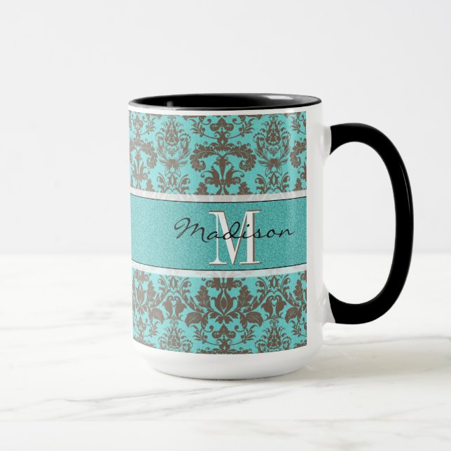 Mug Turquoise Turquoise bleu & Brown Damas, Personnali (Droite)