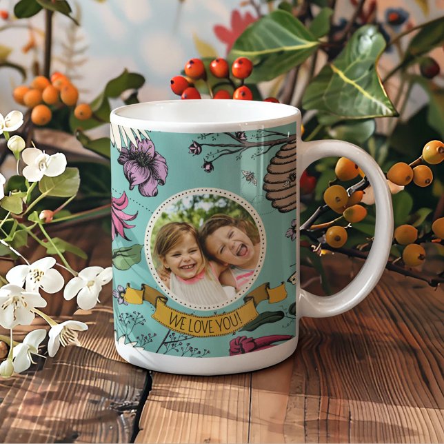 Mug Turquoise We Love You Kids Photo & Name Queen Bee (Create Your Own Mother's Day Keepsake Mug by Uploading a Photo & with Mom's Name & Custom Message)