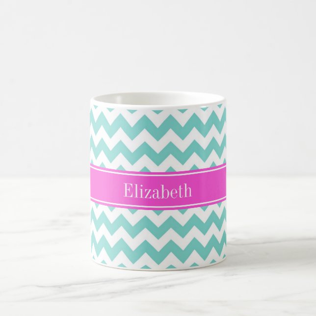 Mug Turquoise Wht Chevron Hot Pink Nom Monogramme (Centre)