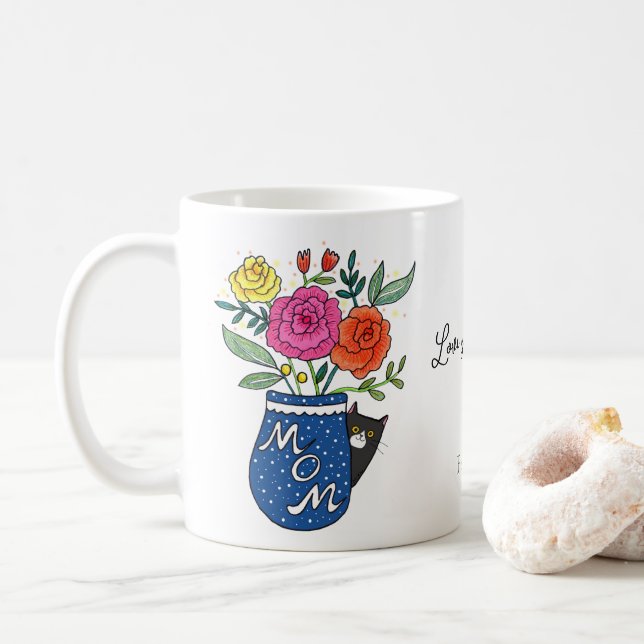 Mug Tuxedo Cat Lover Mom Floral Custom Name Gift (Avec donut)