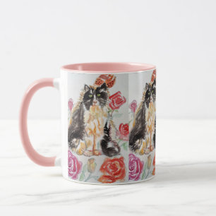 Mug Tuxedo Chat Cute Rose Fleurs Chats Aquarelle Rose