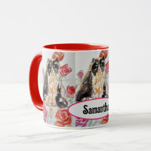 Mug Tuxedo Chat Cute Rose Fleurs Chats Aquarelle Rose