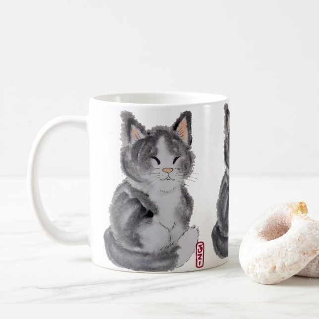 Mug Tuxedo Chat Noir Blanc Kitten Aquarelle Élégante (Avec donut)