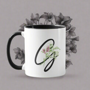 Mug Typographie de Monogramme noir "G" Fleurs élégante