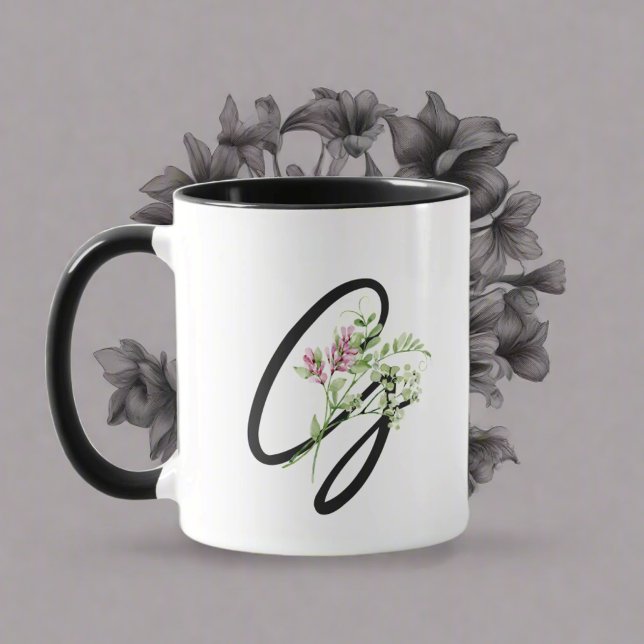 Mug Typographie de Monogramme noir "G" Fleurs élégante (Créateur téléchargé)