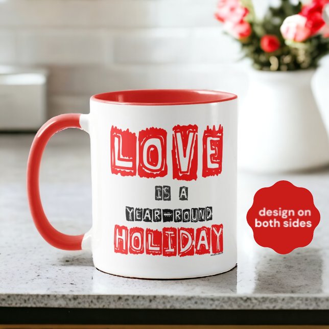 Mug Typographie Rouge Noir "L'amour est une fête toute (A fun message on two sides of the mug. )