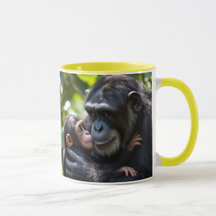 Mug Un bébé chimpanzé câline sa maman dans la jungle.