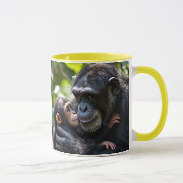 Mug Un bébé chimpanzé câline sa maman dans la jungle. (Droite)