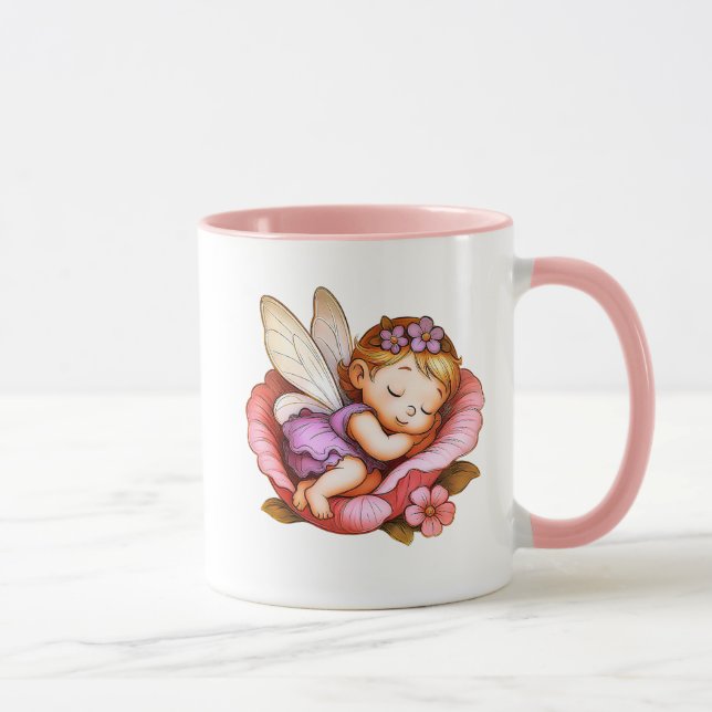Mug Un bébé mignon dort sur une fleur moelleuse. (Droite)