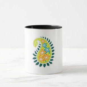 Mug un cachemire jaune et vert avec feuilles et fleurs