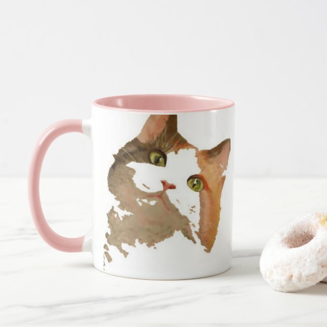 Mug Un chat Calico Vert Portrait Artistique (Avec donut)