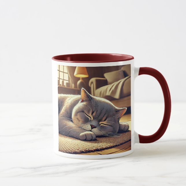 Mug Un chat gris endormi dans un salon cosy. (Droite)