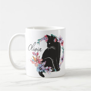 Mug Un chat noir entouré de fleurs