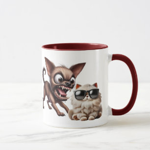 Mug  Un chien Chihuahua agresse un chat.