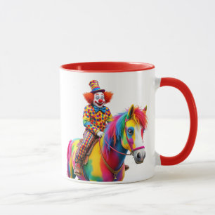 Mug Un clown rigolo monte un cheval multicolore.