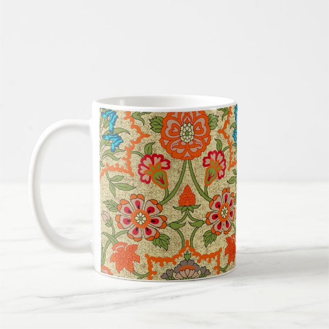 Mug Un design floral par miroir répéter. Orange et ver (Gauche)
