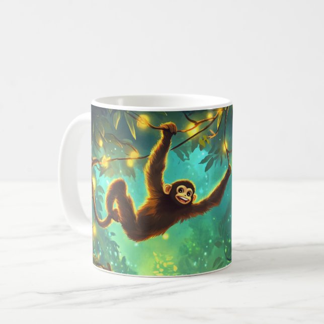 Mug Un jeune singe souriant se balançant à travers la  (Devant gauche)