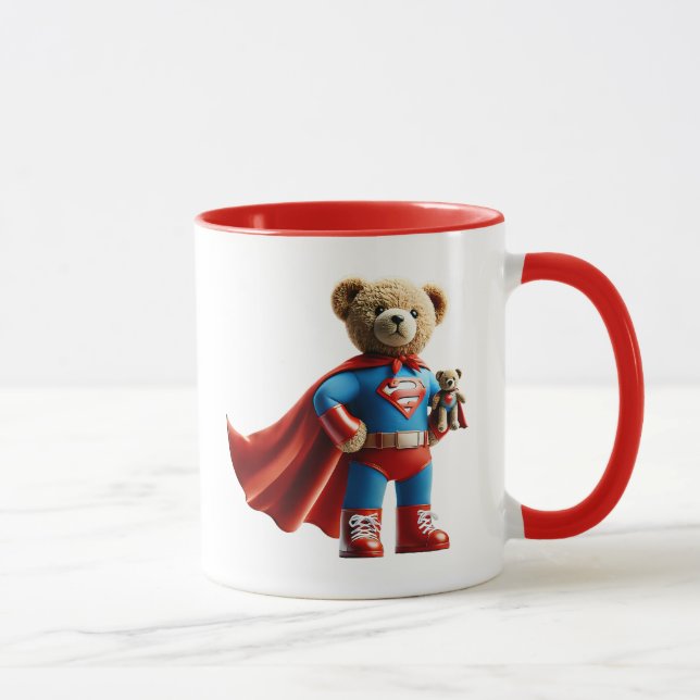 Mug Un ours super-héros tenant une peluche. (Droite)