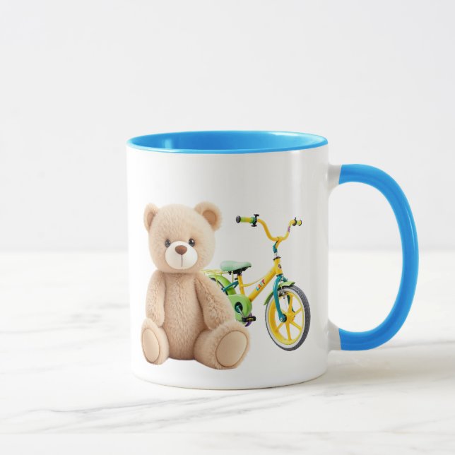 Mug Un ourson en peluche devant un vélo d'enfant. (Droite)
