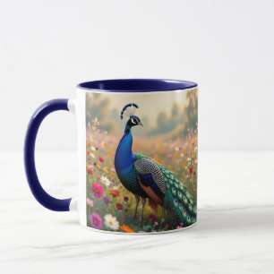 Mug Un paon turquoise et bleu dans les fleurs 