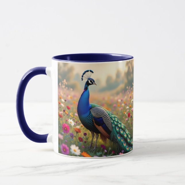 Mug Un paon turquoise et bleu dans les fleurs  (Gauche)