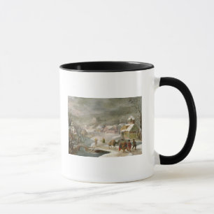 Mug Un paysage d'hiver avec des voyageurs sur un