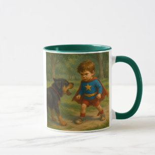 Mug Un petit garçon déguisé face à un méchant chien.