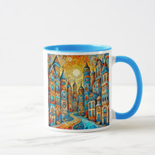 Mug Un village coloré avec des bâtiments artistiques.