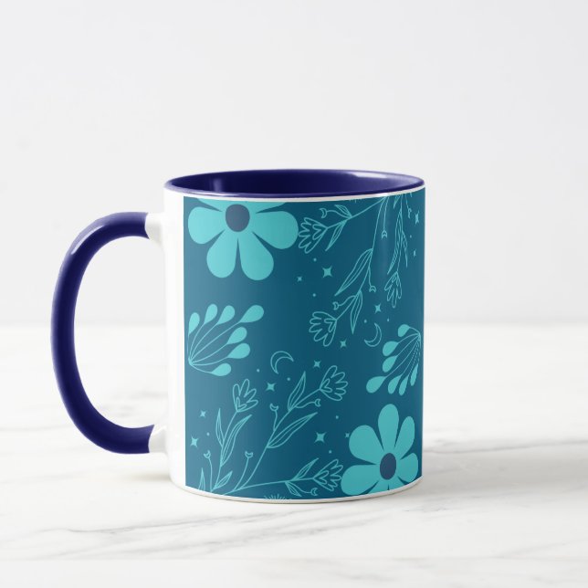 Mug Une conception de fleurs de couleur cyan tendance (Gauche)