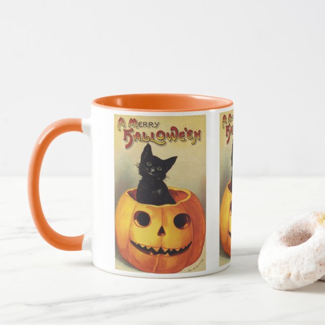 Mug Une joyeuse Halloween par Ellen Clapsaddle, Chat V (Avec donut)
