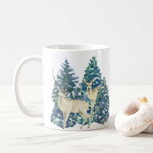 Mug Une Paire De Cerfs Dans La Forêt D'Hiver (Avec donut)