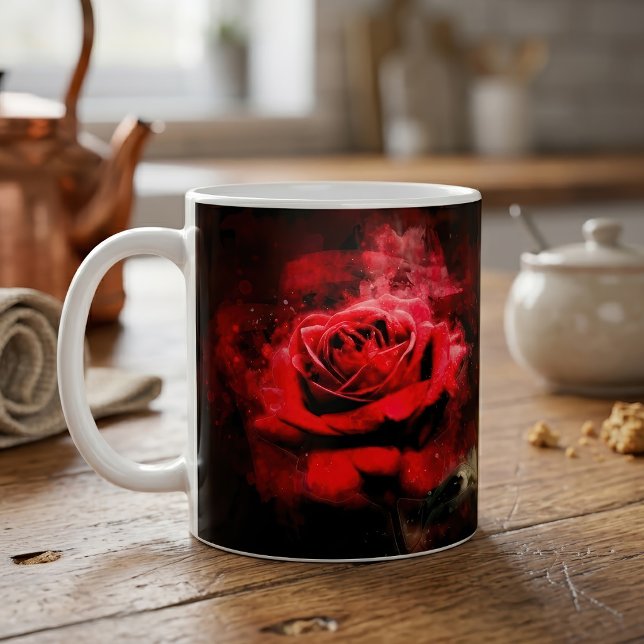 Mug Une rose rouge aquarelle sur fond noir (One Red Rose Watercolor on Black Background. Coffee Mug)