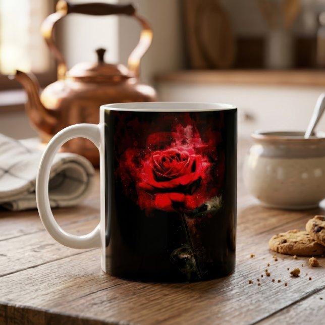Mug Une rose rouge aquarelle sur fond noir (One Red Rose Watercolor on Black Background. Coffee Mug)