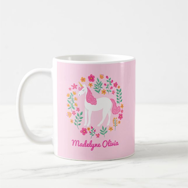 Mug Unicorn Flowers Cute Pink Personalized (Gauche)