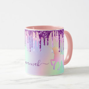 Mug Unicorn glitter rainbow pink monogram holographiqu