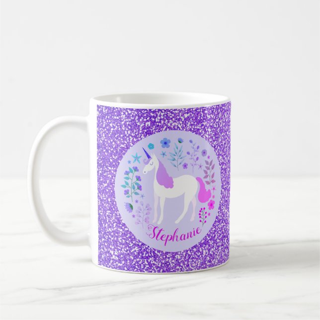Mug Unicorn Purple Parties scintillant Nom personnalis (Gauche)