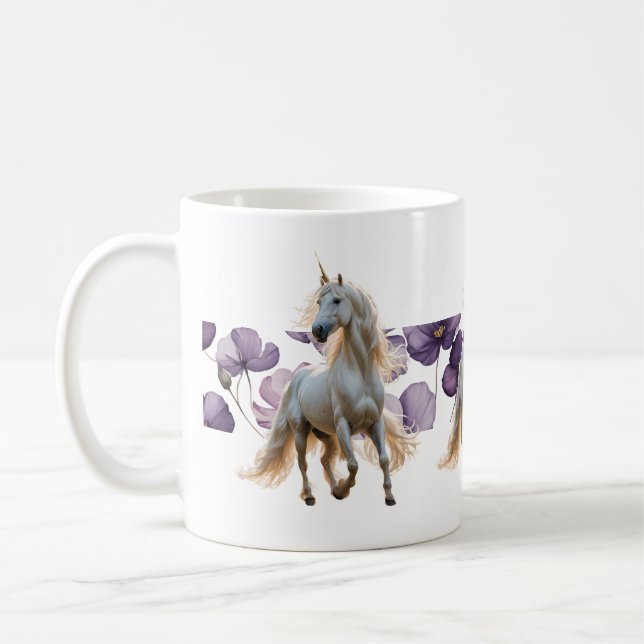 Mug Unicorne et fleurs pourpres (Gauche)