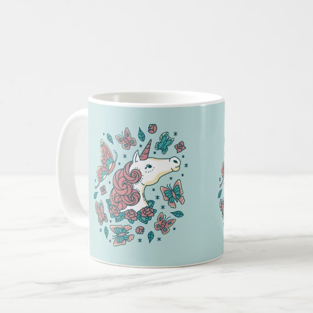 Mug Unicorne et papillons (Devant gauche)