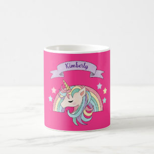 Mug Unicorne et Rainbow Nom personnalisé sur Hot Pink