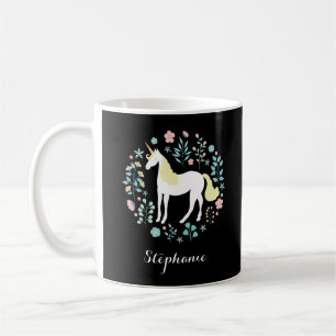 Mug Unicorne & Fleurs Noir Personnalisé