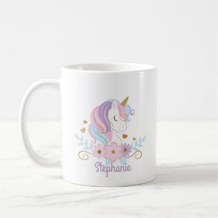 Mug Unicorne florale Nom personnalisé mignon