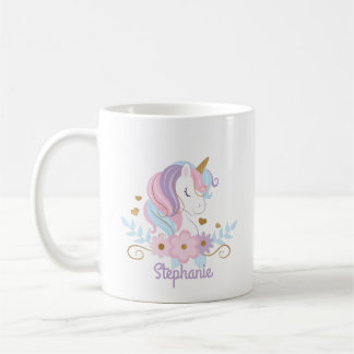 Mug Unicorne florale Nom personnalisé mignon